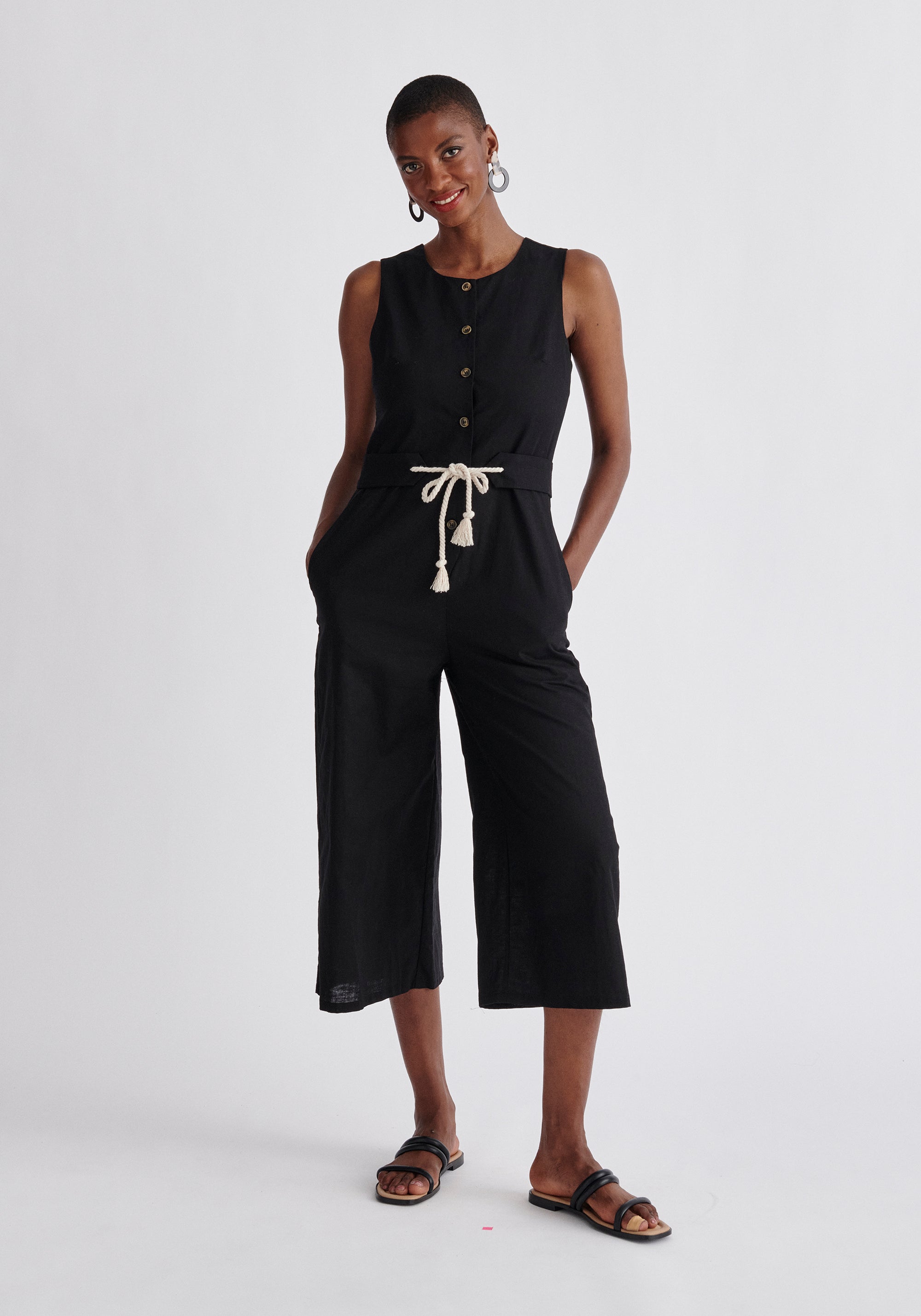 Paisie Belted Linen Blend Jumpsuit in Black