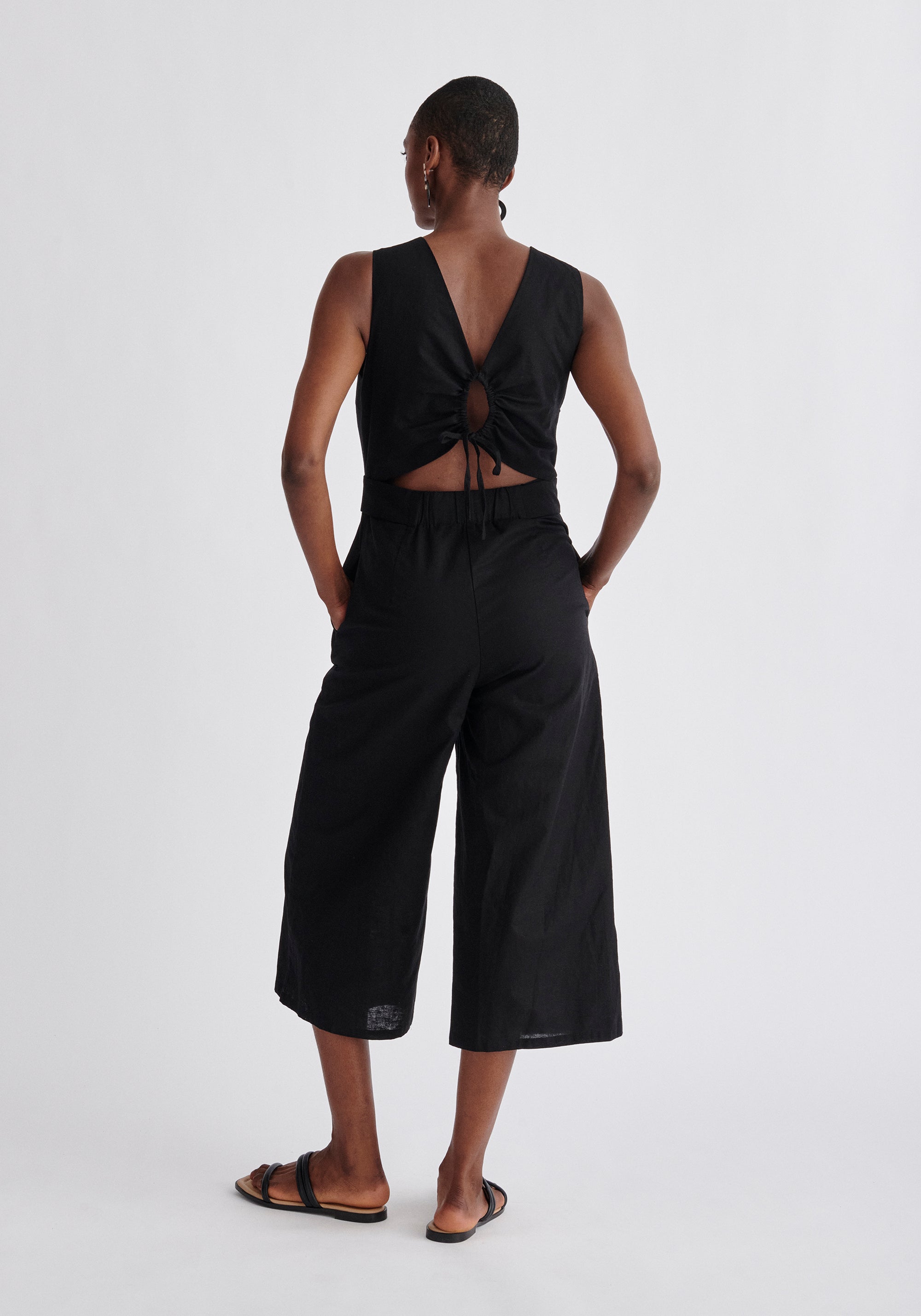 Paisie Belted Linen Blend Jumpsuit in Black Back