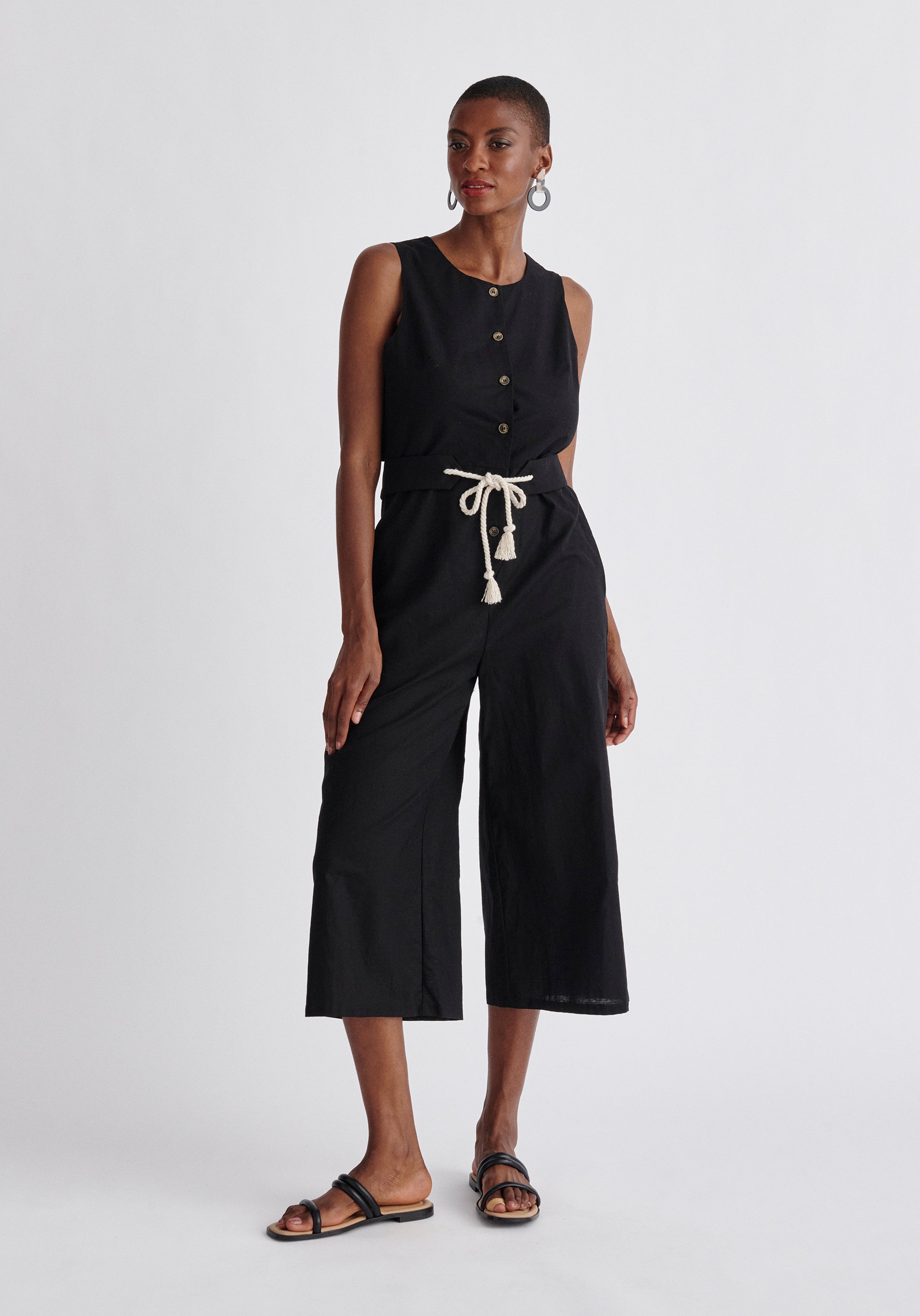 Paisie Belted Linen Blend Jumpsuit in Black