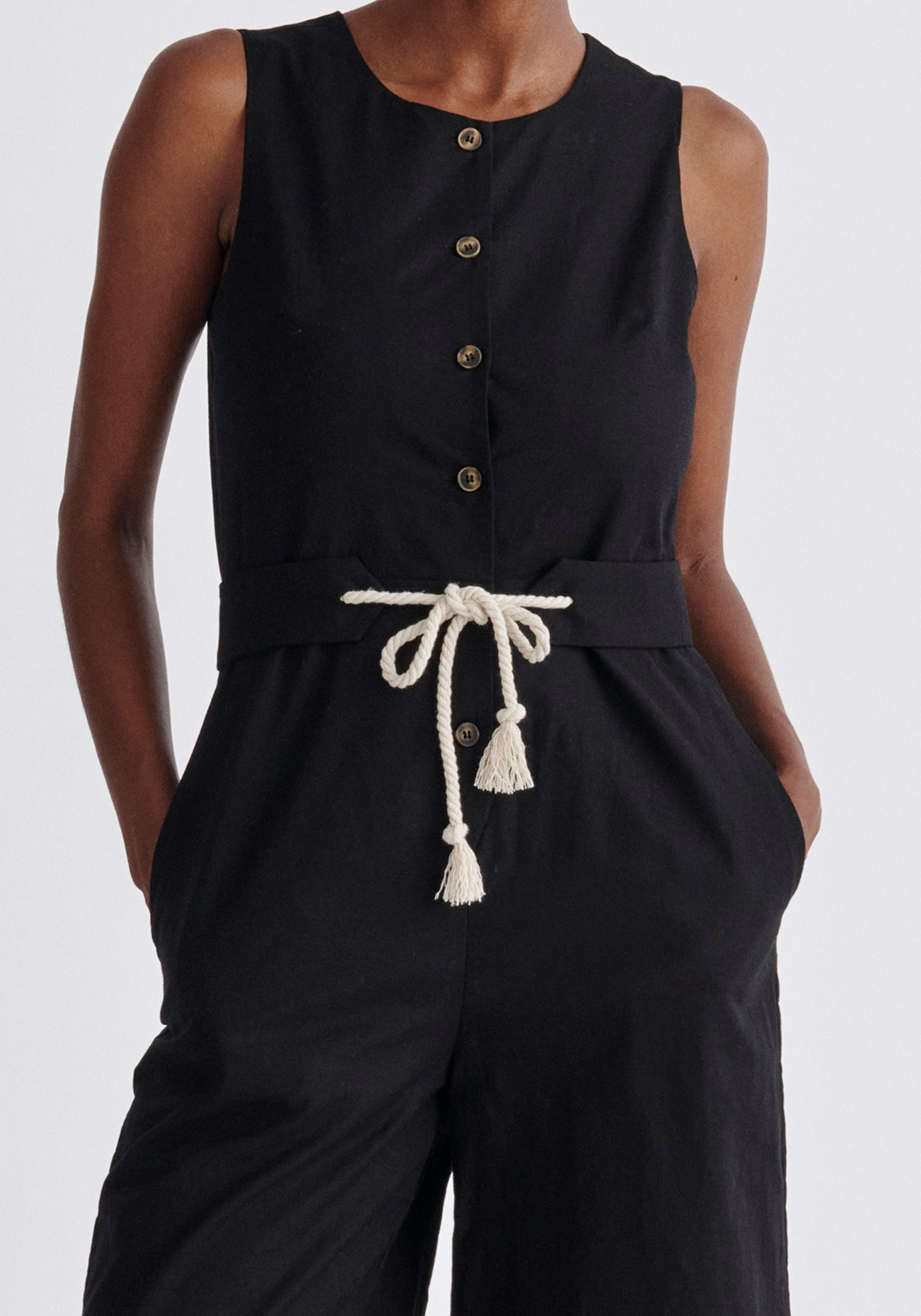 Paisie Belted Linen Blend Jumpsuit in Black Close Up