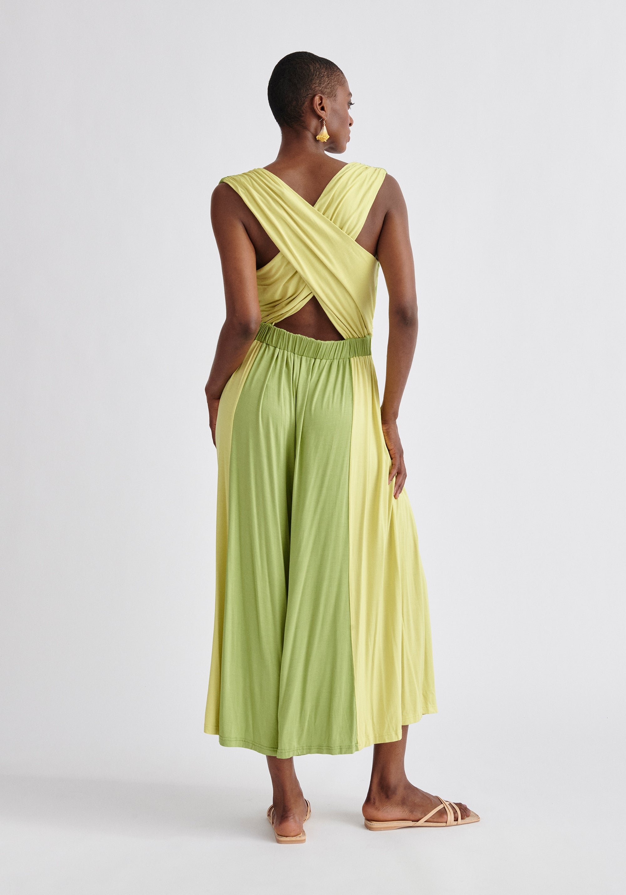 Paisie Cross Back Jersey Jumpsuit in Green Back