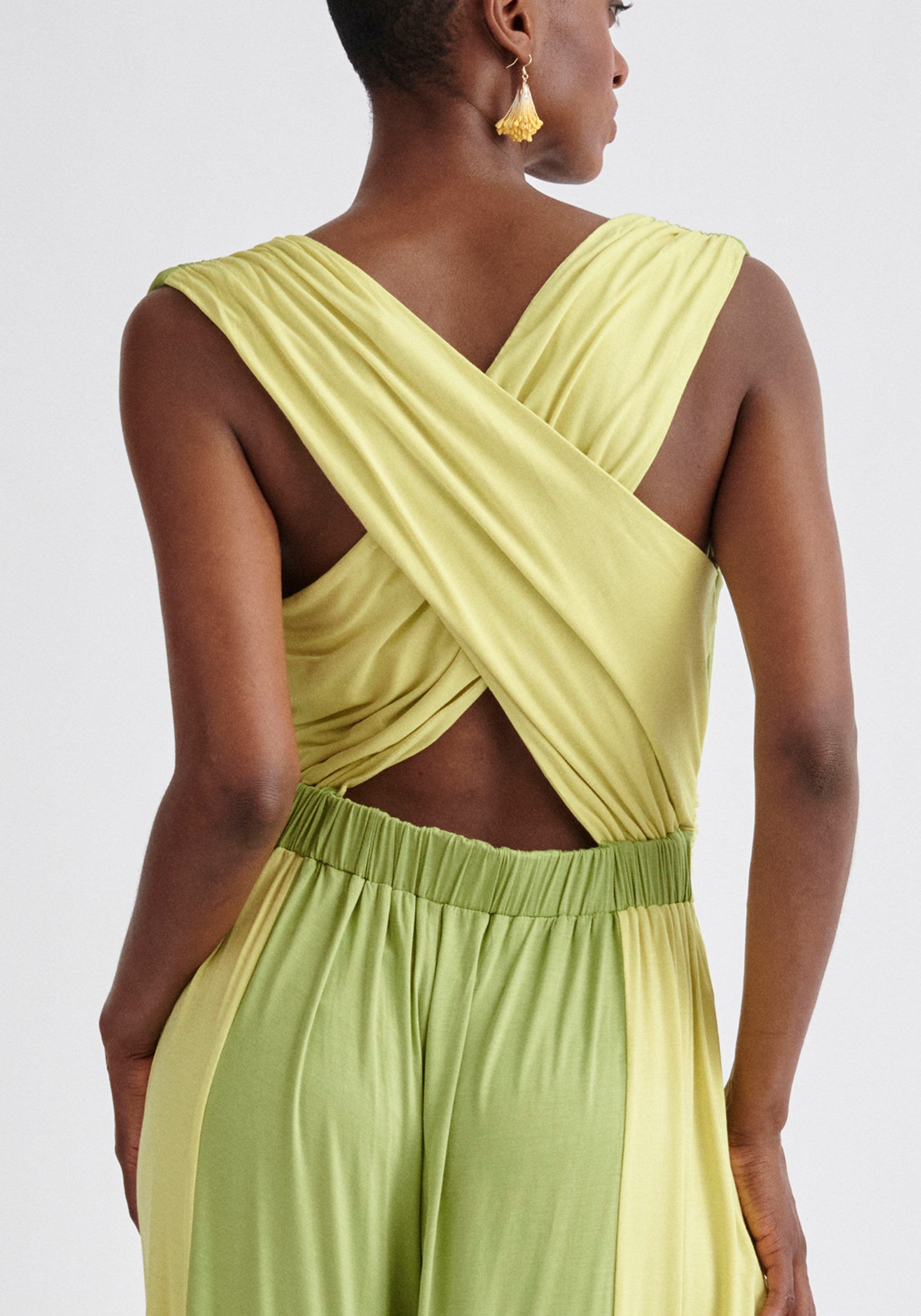 Paisie Cross Back Jersey Jumpsuit in Green Close Up