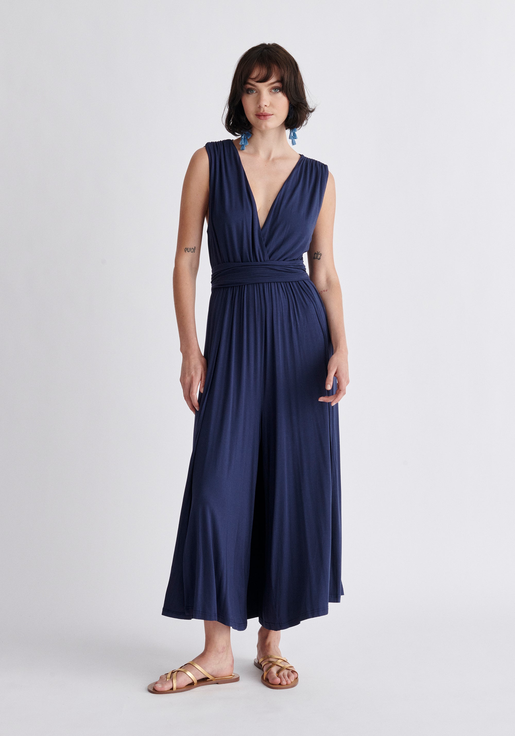 Paisie Cross Back Jersey Jumpsuit in Navy