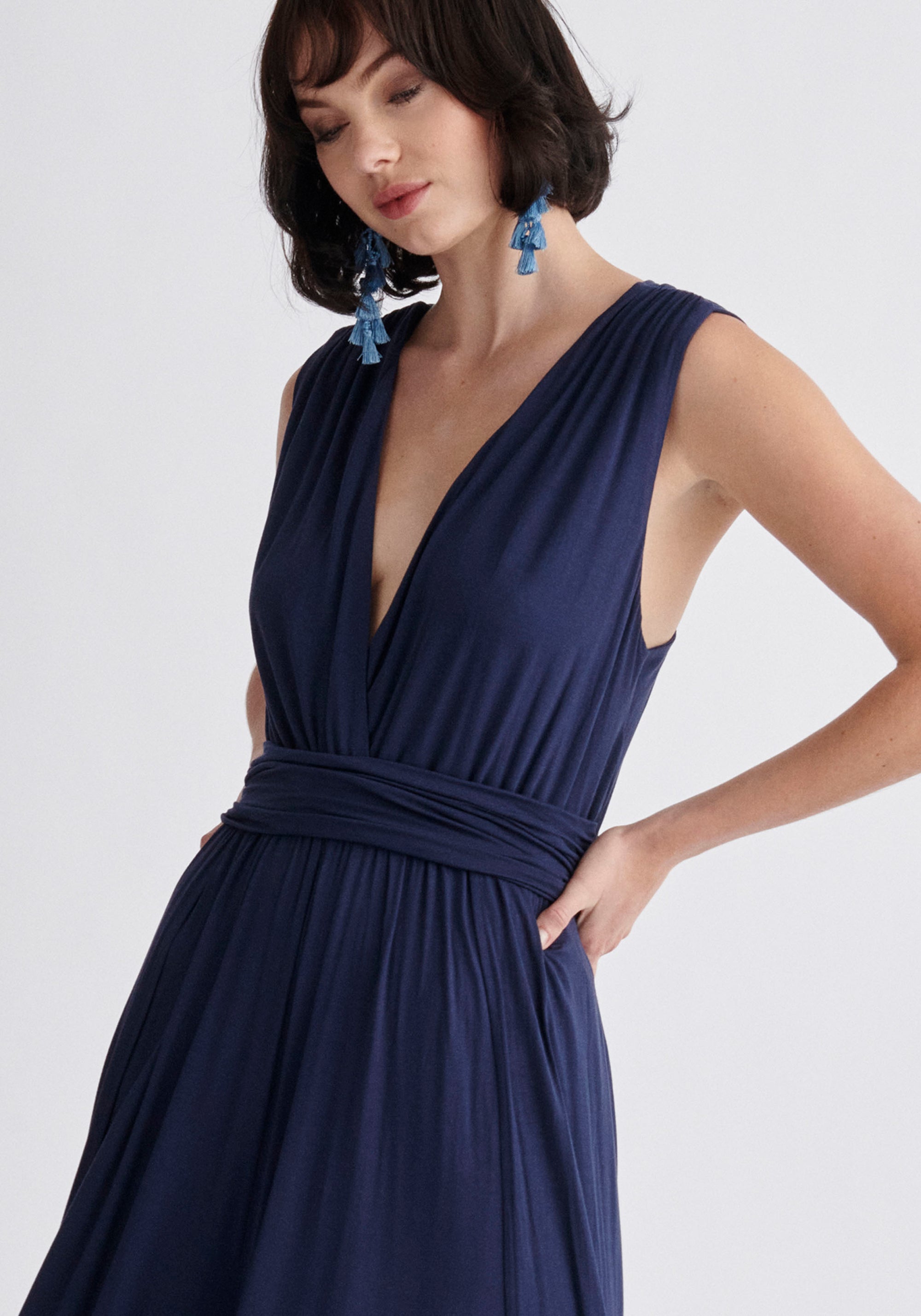 Paisie Cross Back Jersey Jumpsuit in Navy Close Up