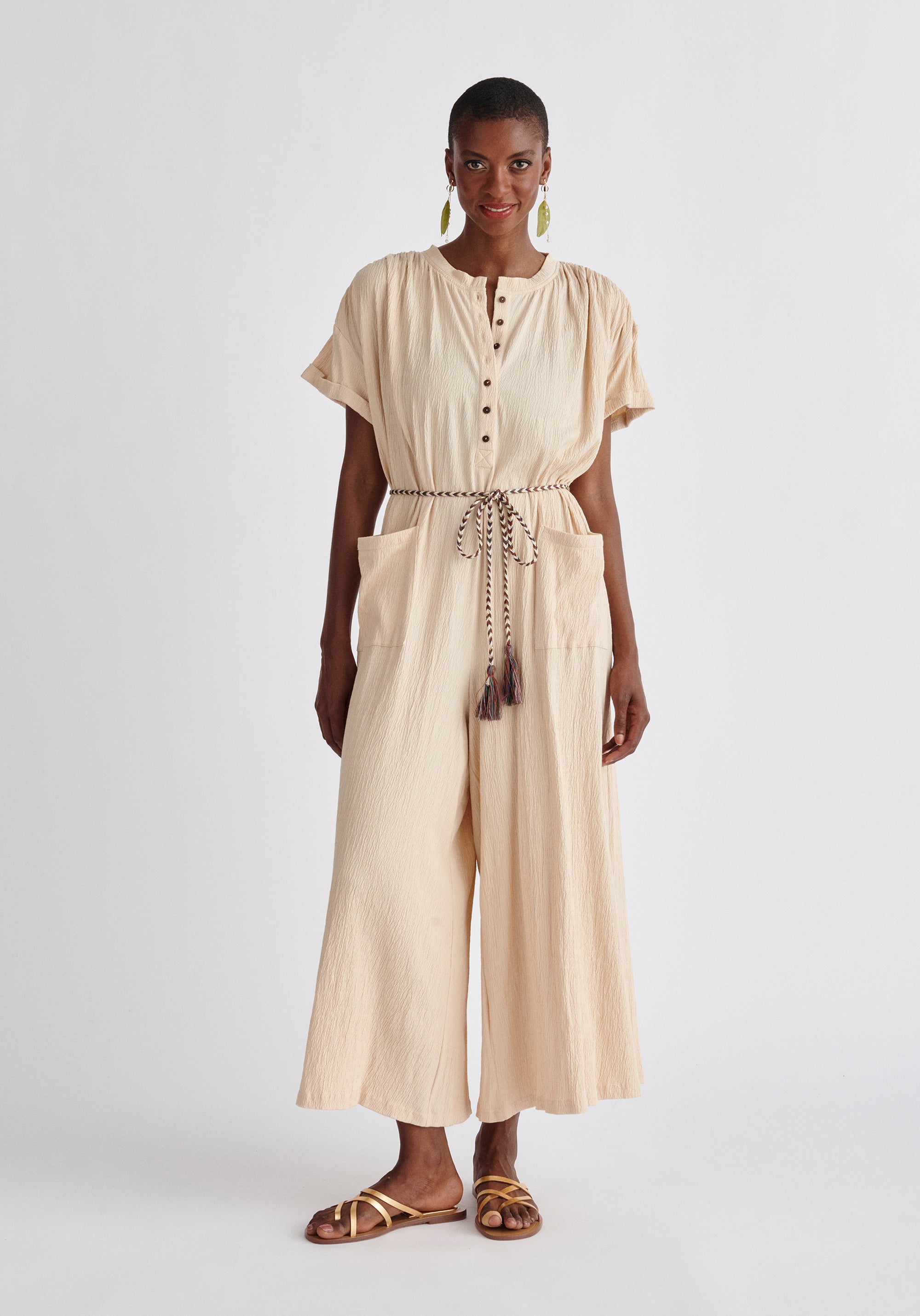 Paisie Belted Button Jumpsuit in Oatmeal