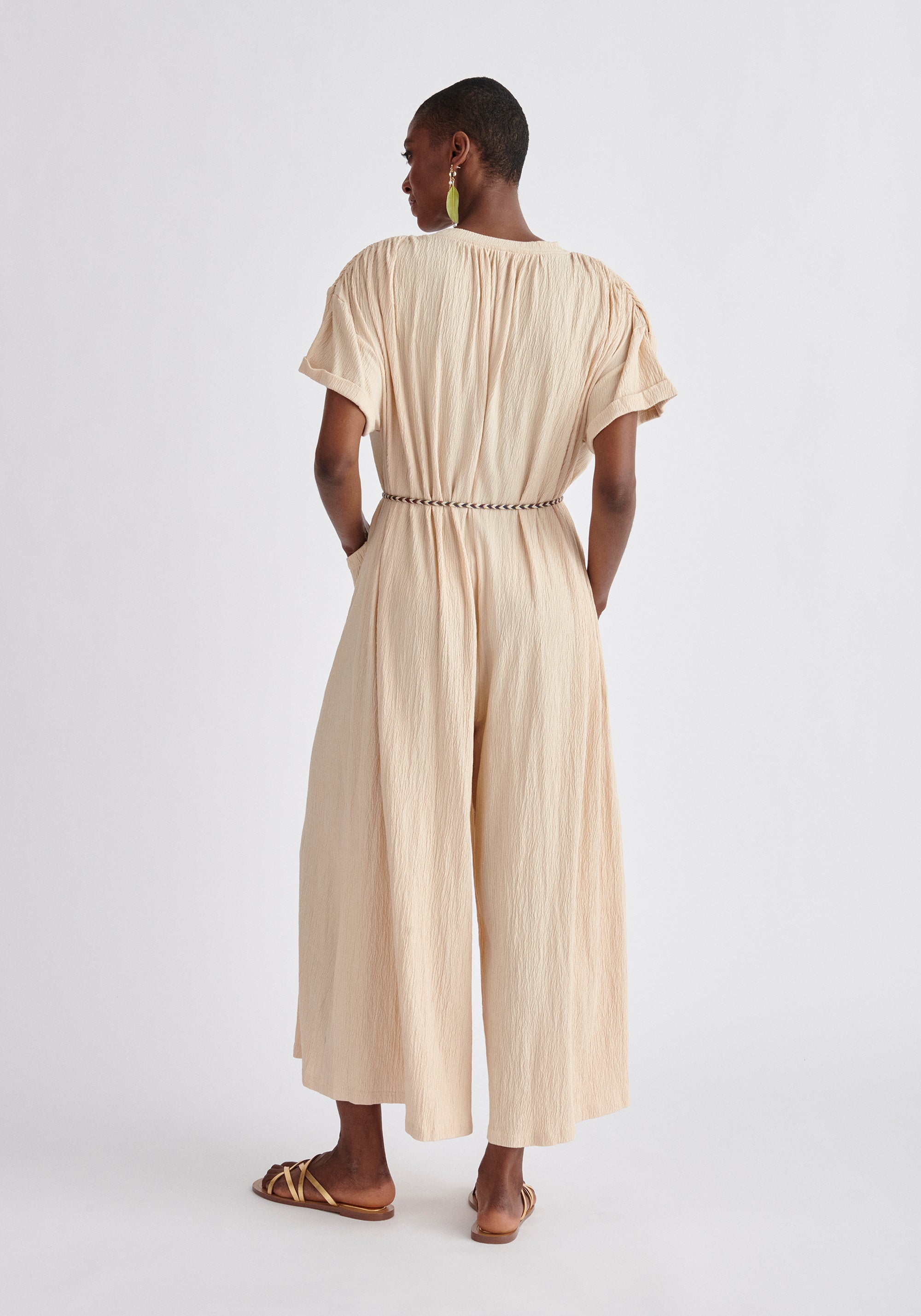 Paisie Belted Button Jumpsuit in Oatmeal Back