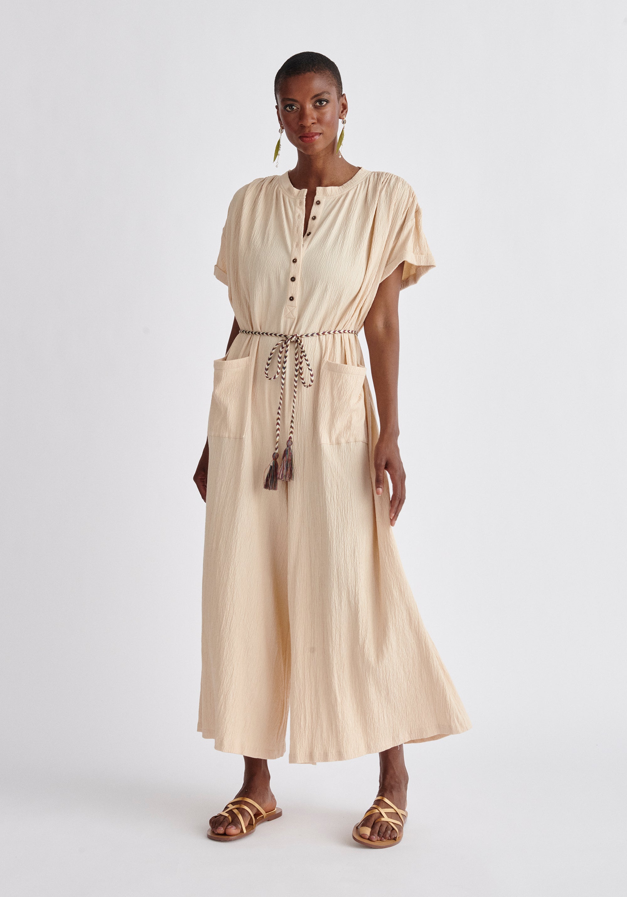 Paisie Belted Button Jumpsuit in Oatmeal