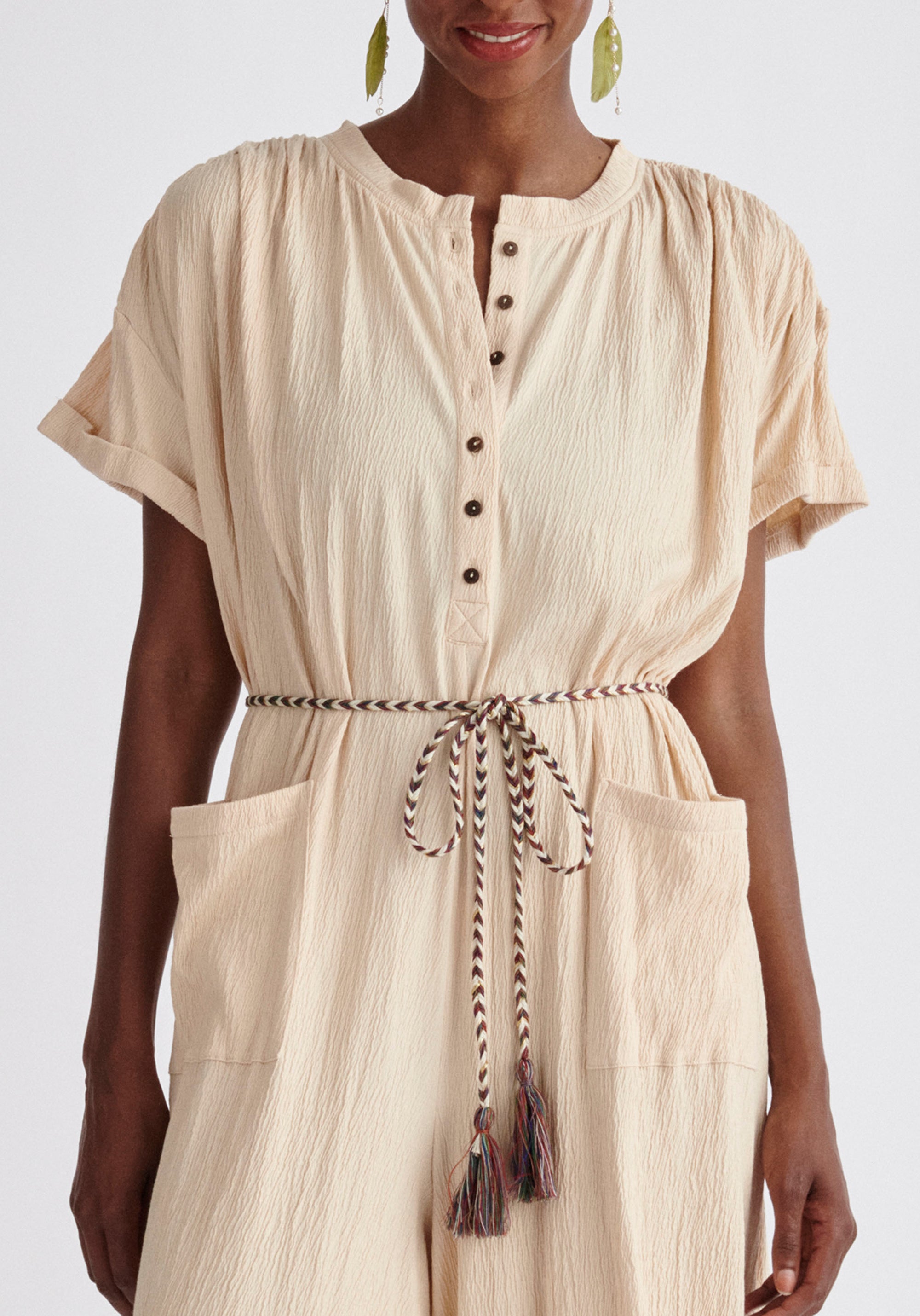 Paisie Belted Button Jumpsuit in Oatmeal Close Up