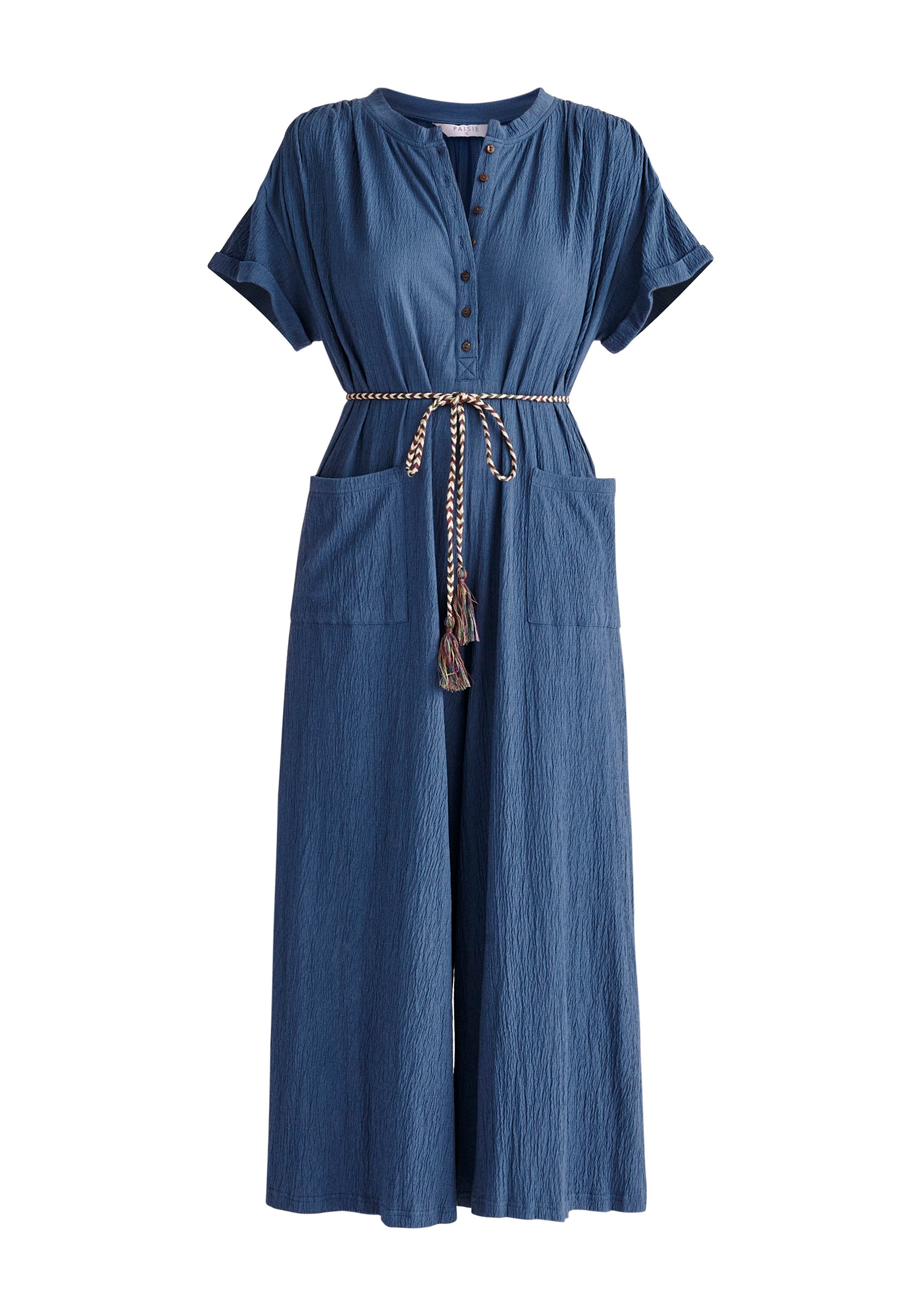 Paisie Belted Button Jumpsuit in Blue Cut Out