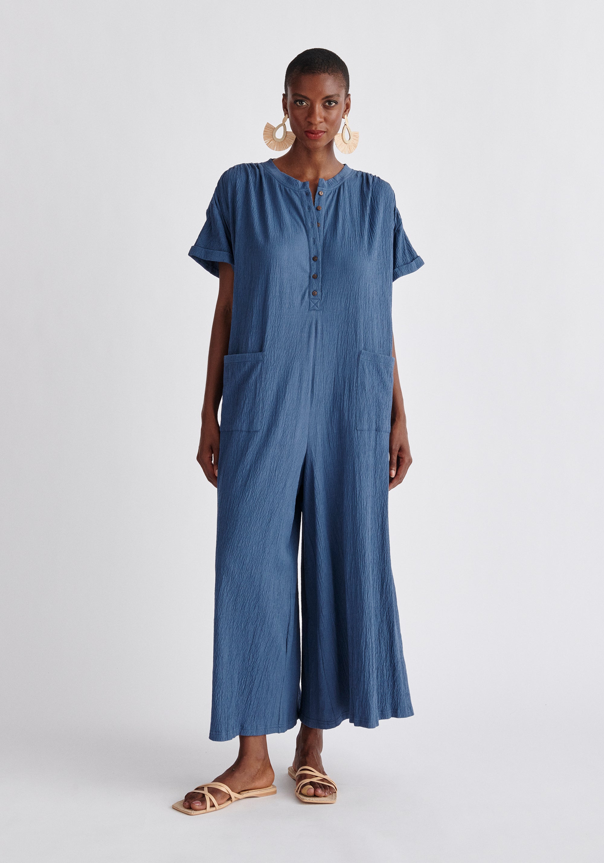 Paisie Belted Button Jumpsuit in Blue