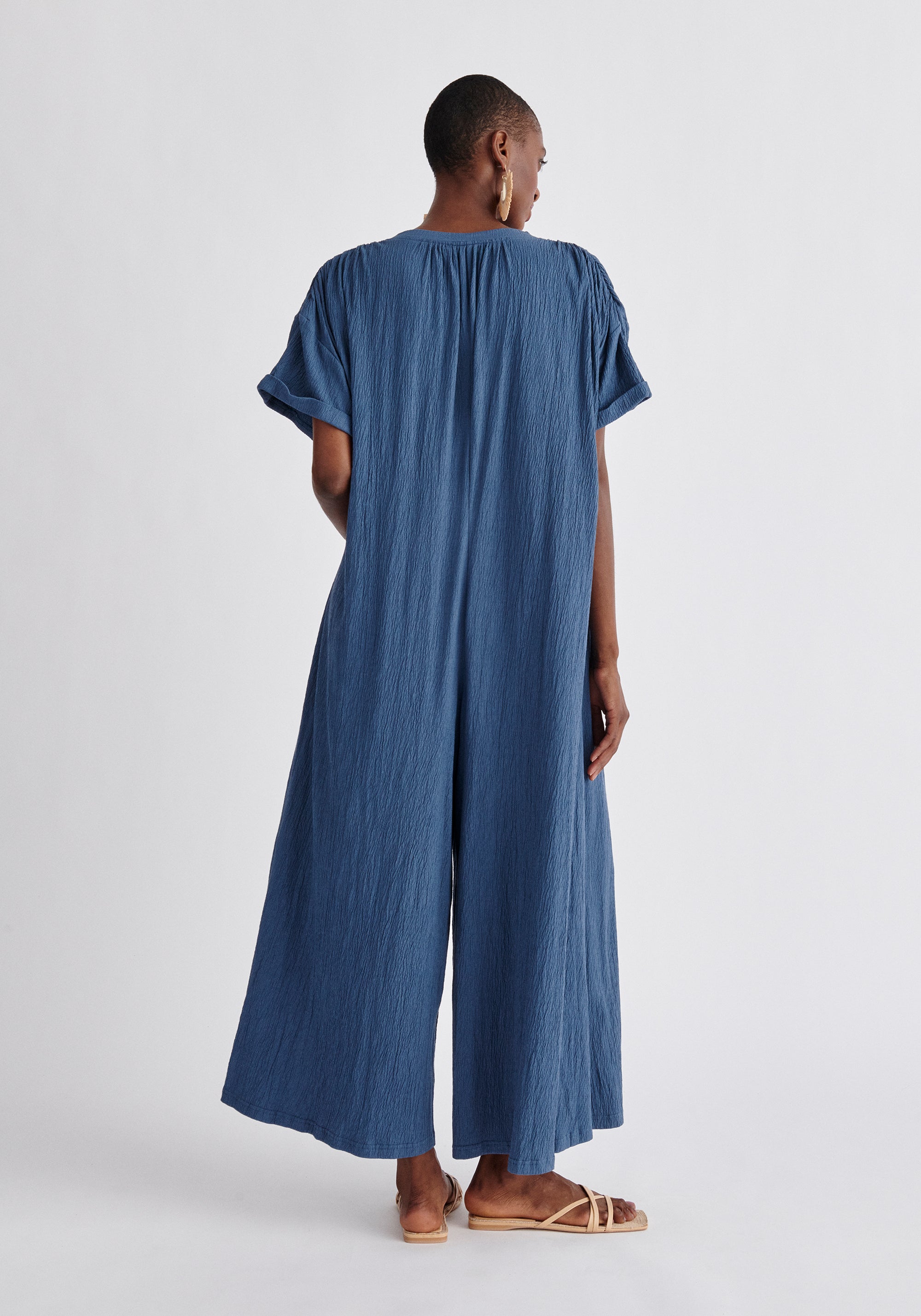 Paisie Belted Button Jumpsuit in Blue Back