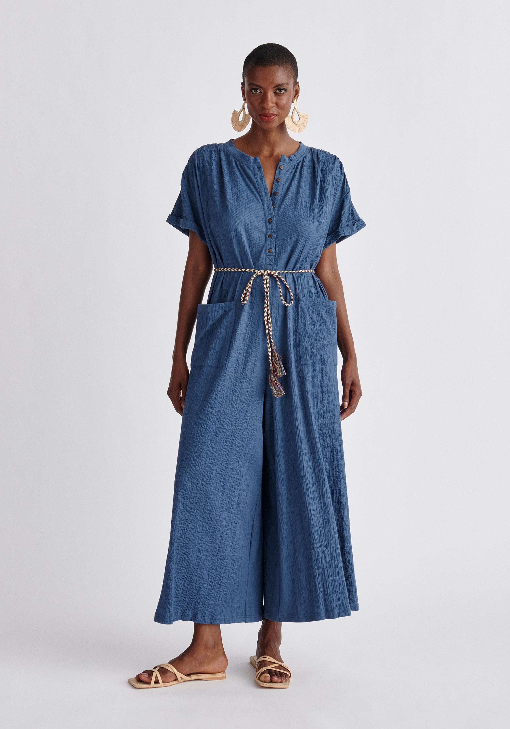 Paisie Belted Button Jumpsuit in Blue