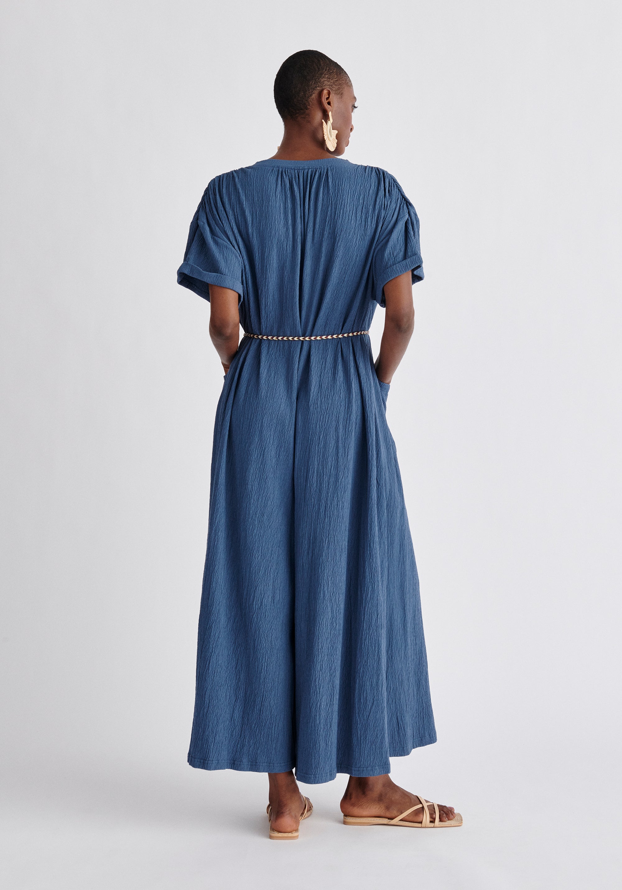 Paisie Belted Button Jumpsuit in Blue Back