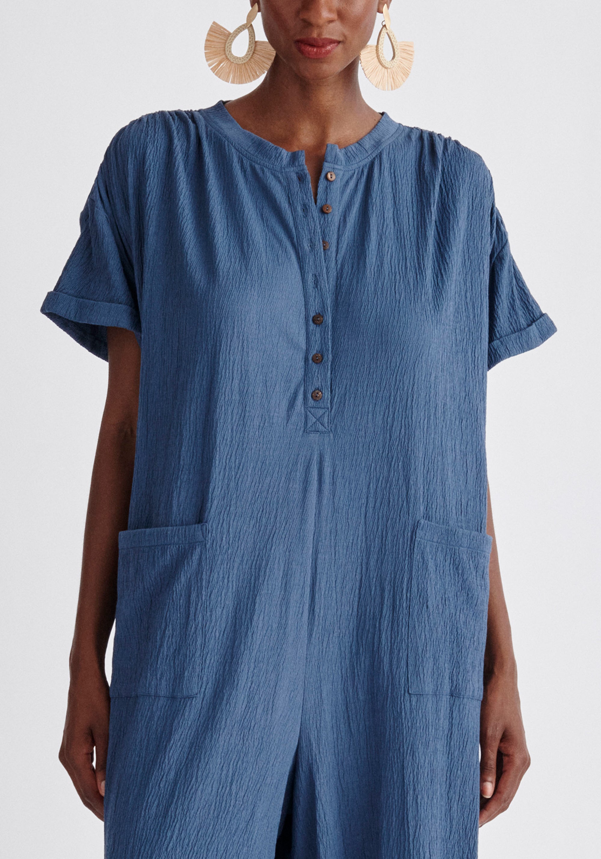 Paisie Belted Button Jumpsuit in Blue Close Up