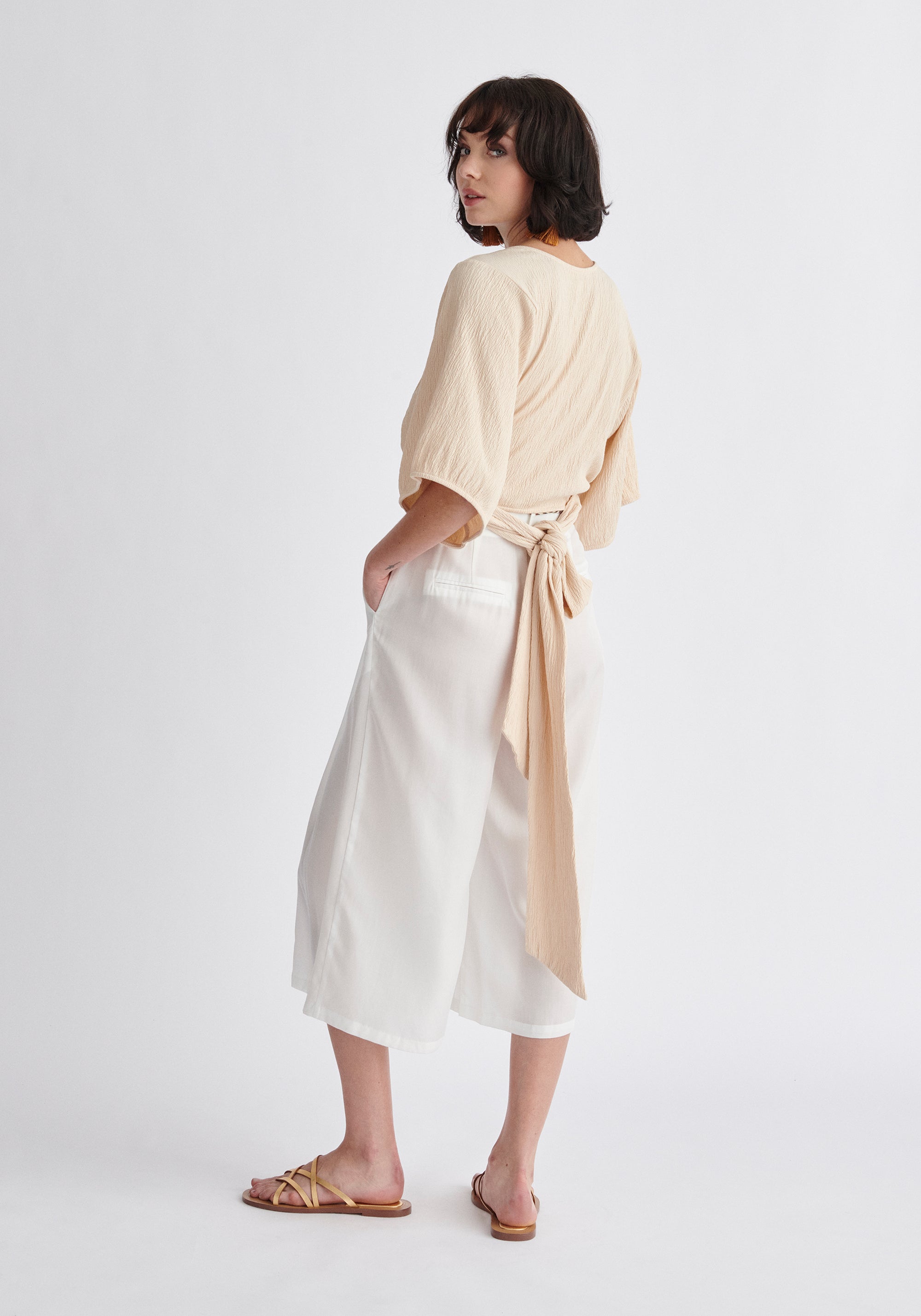 Paisie Two-Way Kimono Wrap Top in Oatmeal Back