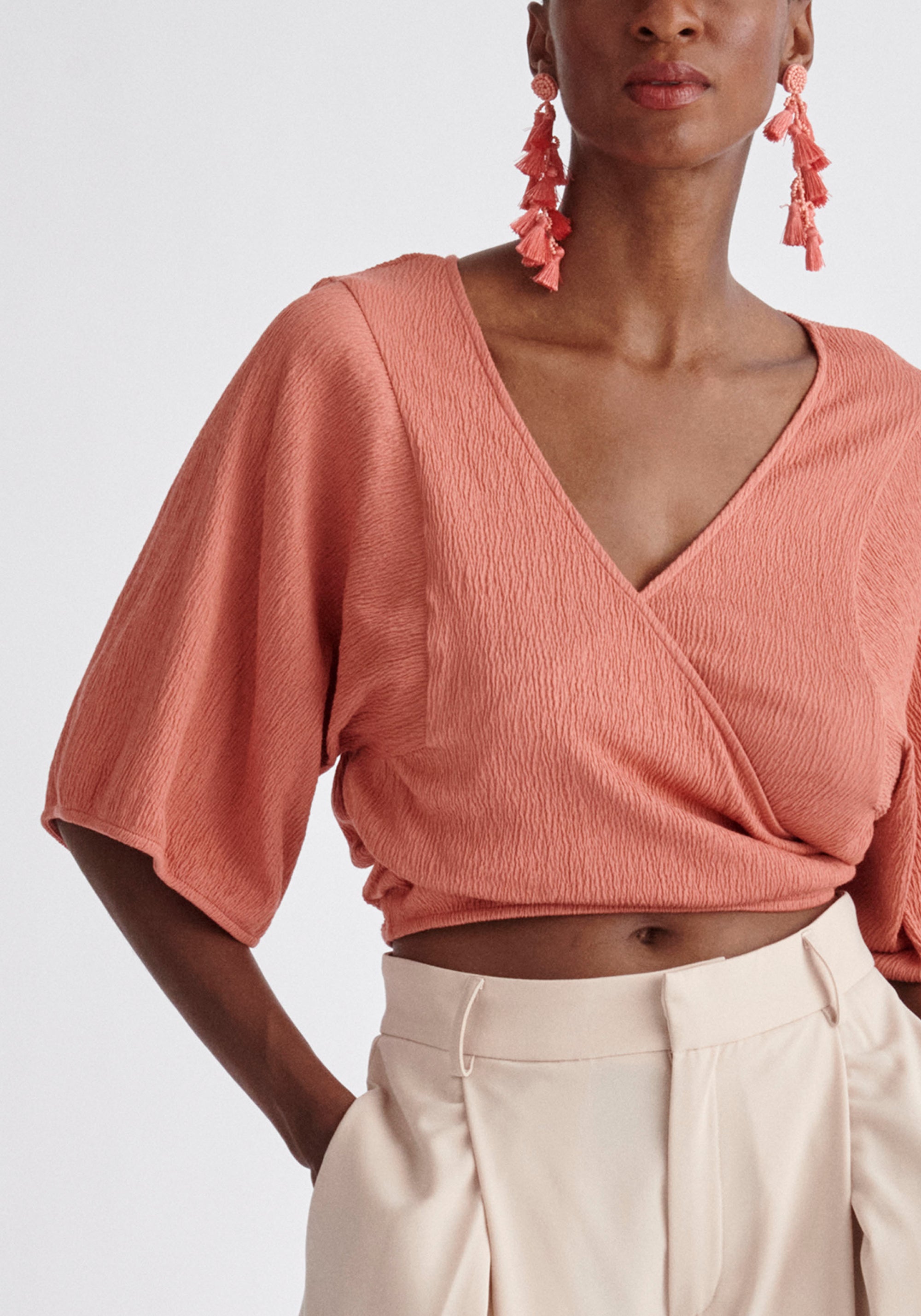 Paisie Two-Way Kimono Wrap Top in Pink Close Up