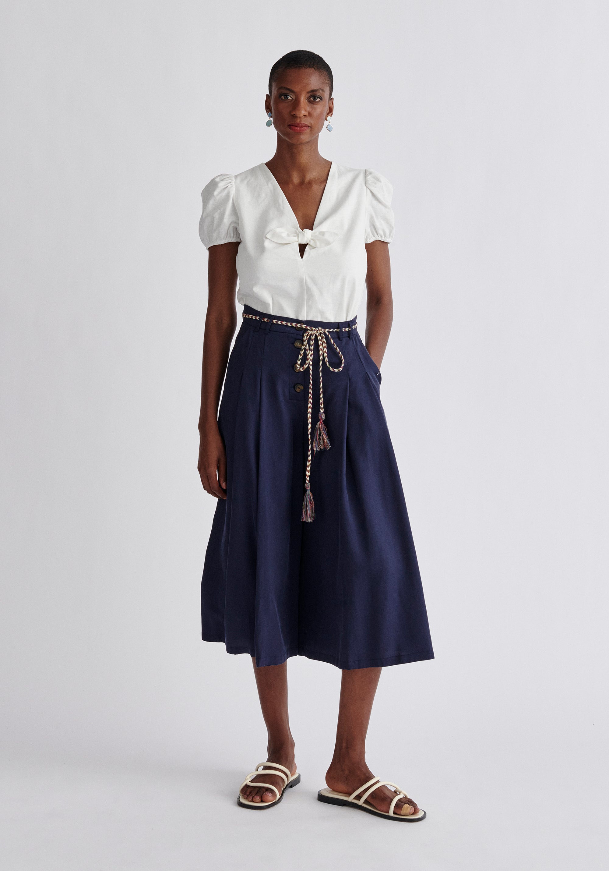 Paisie Pleated Tencel Culottes in Navy