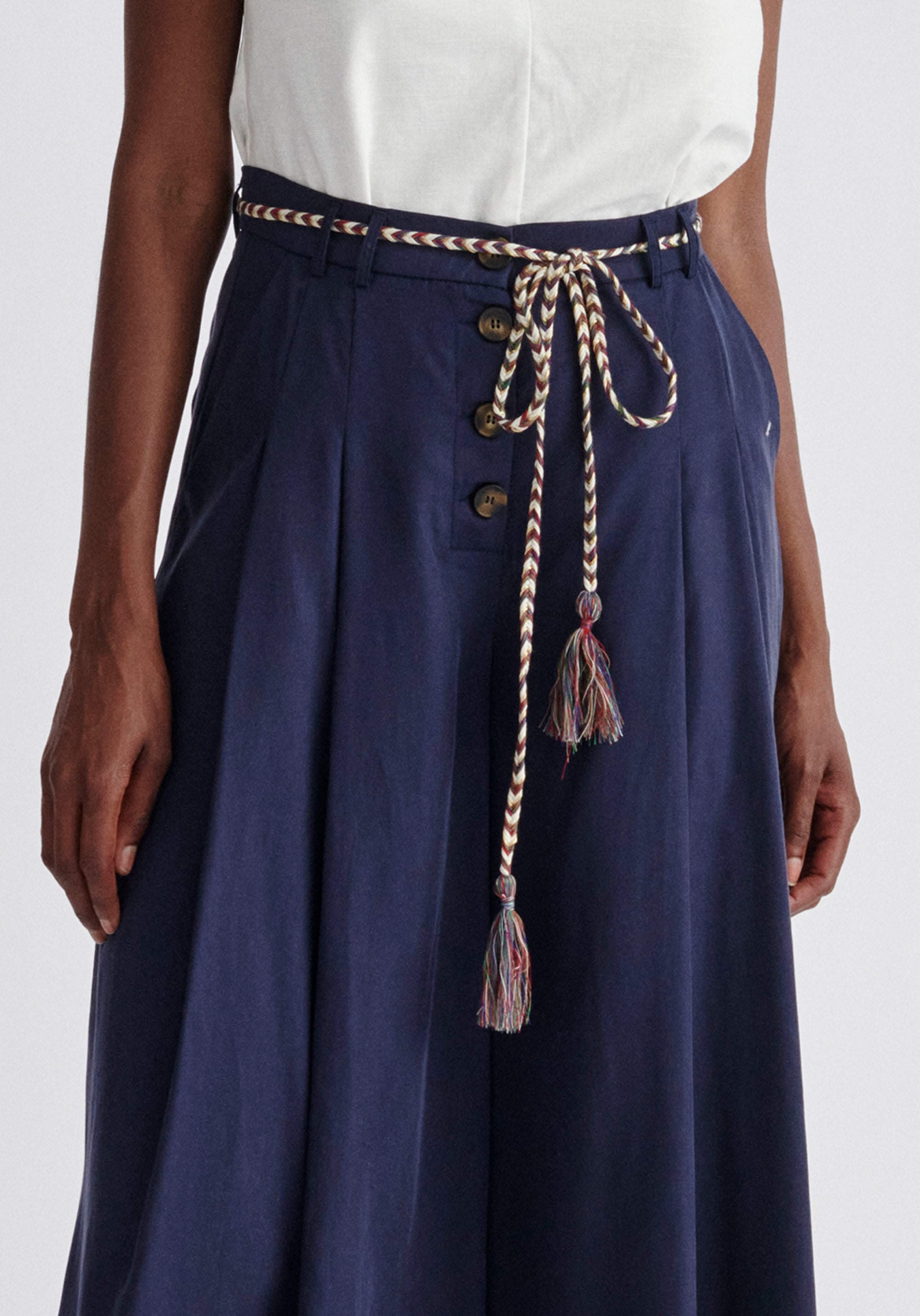 Paisie Pleated Tencel Culottes in Navy Close Up